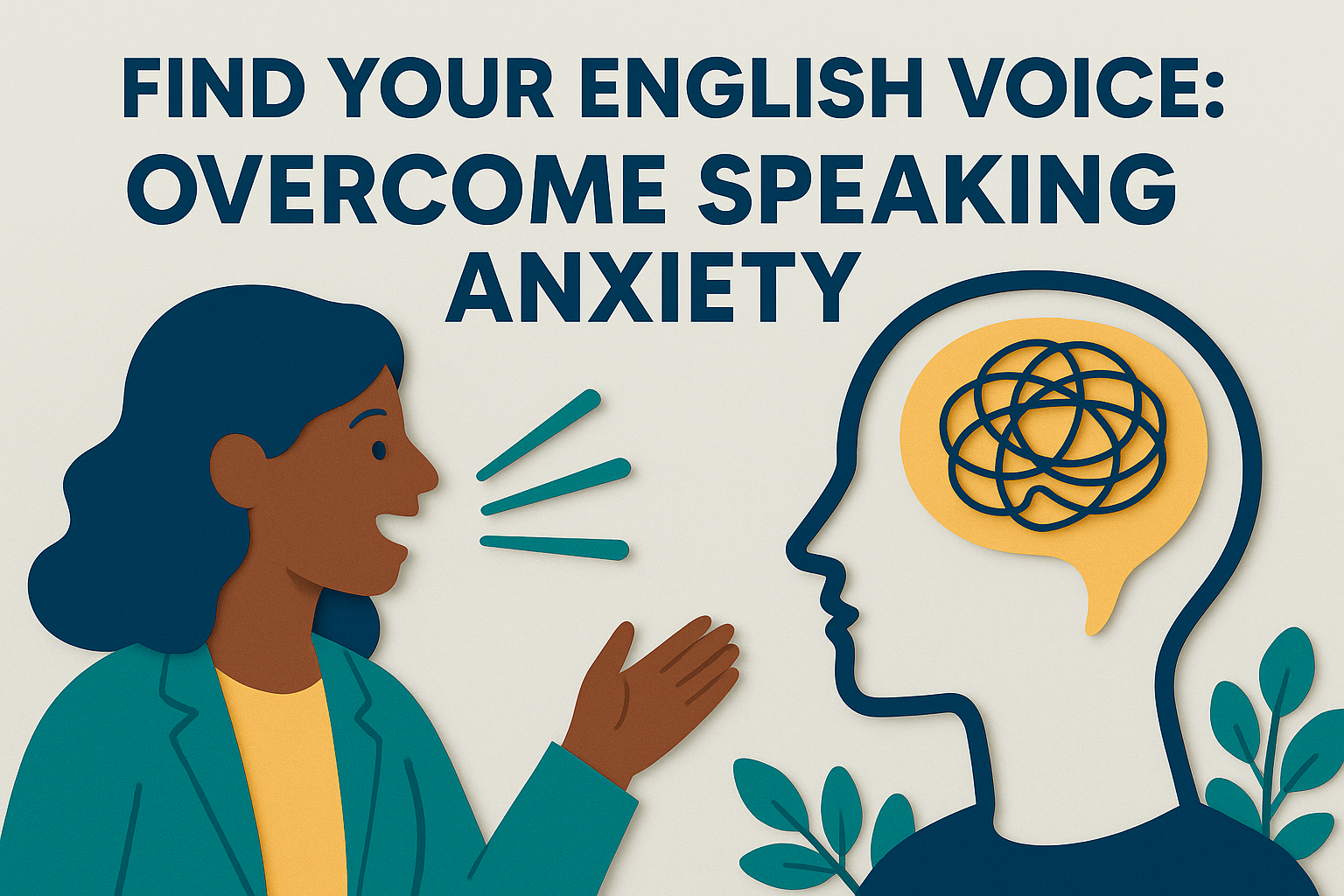 3D paper cut art style banner with the title “Find Your English Voice: Overcome Speaking Anxiety” in navy blue. Features a confident person speaking toward a profile outline of a head with a tangled line in the brain, using navy, soft gold, light gray, and teal accents.