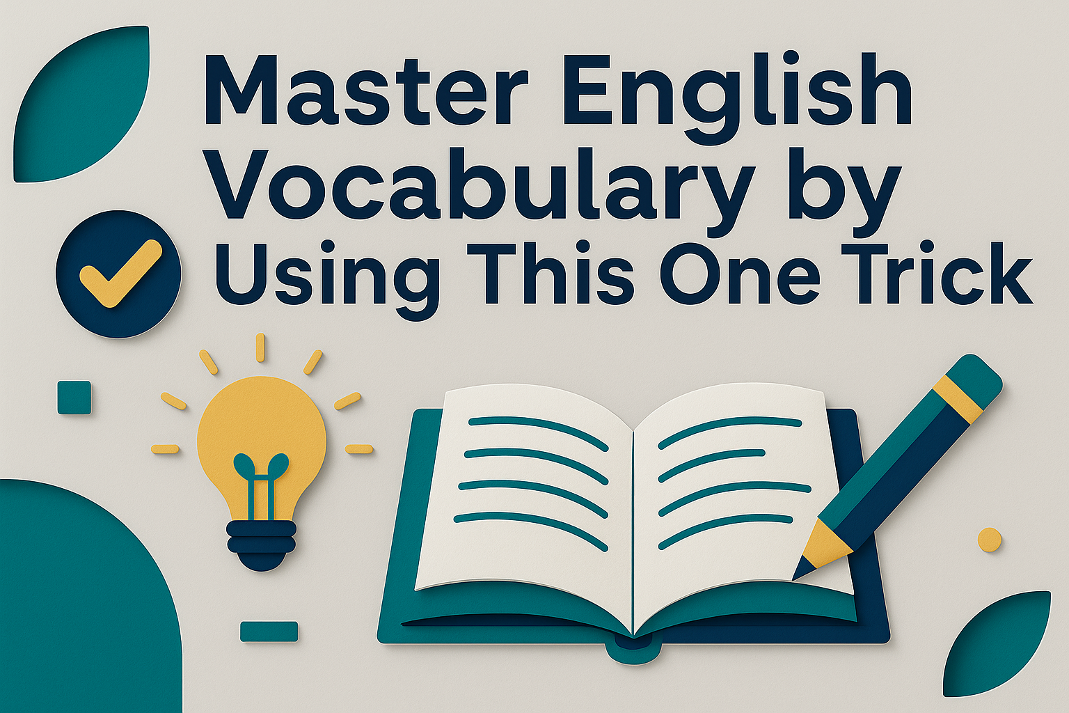 3D paper cut art banner showing the title “Master English Vocabulary by Using This One Trick” with an open book, teal pencil, and gold lightbulb on a light gray background, styled in navy blue, soft gold, teal, and light gray.