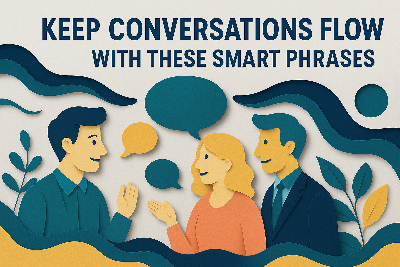 Banner image in 3D paper cut style showing people talking with speech bubbles, symbolizing smart phrases for conversations in English.