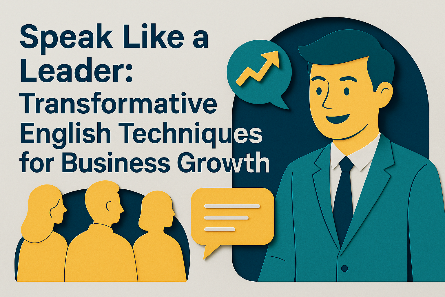 Wide 3D paper cut art banner showing a confident professional speaking to an audience with business growth icons, featuring the text “Speak Like a Leader: Transformative English Techniques for Business Growth.”