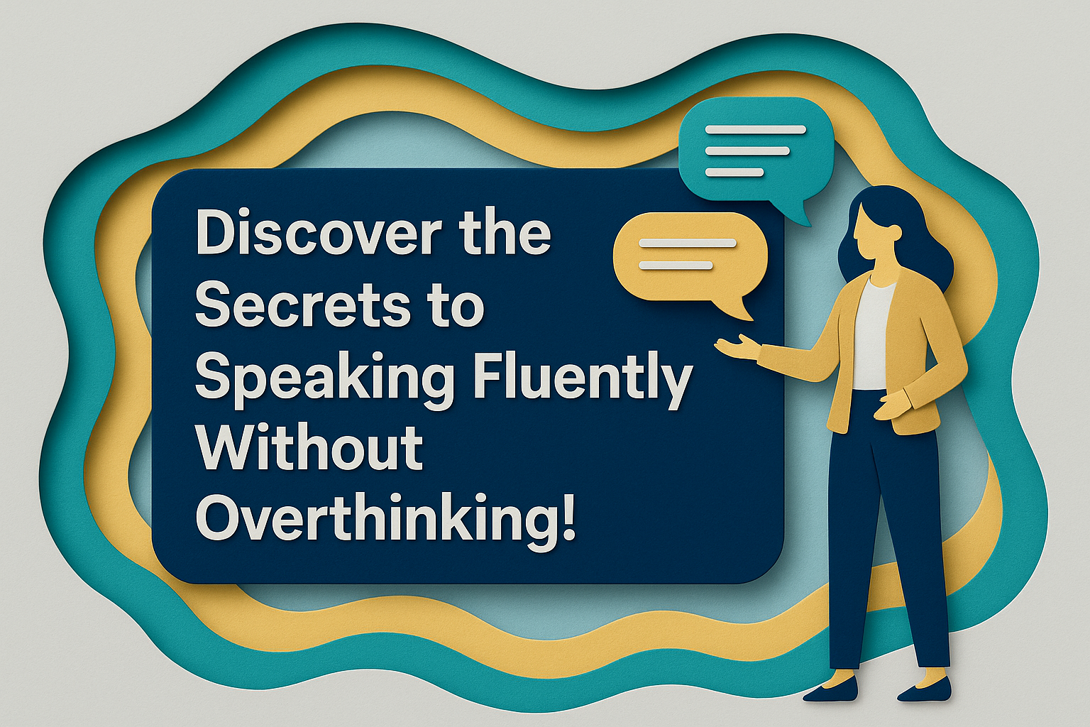 3D paper cut art banner in navy blue, teal, light gray, and soft gold, with the title “Discover the Secrets to Speaking Fluently Without Overthinking!” in Roboto Bold, depicting a woman in a gold blazer and speech bubbles.