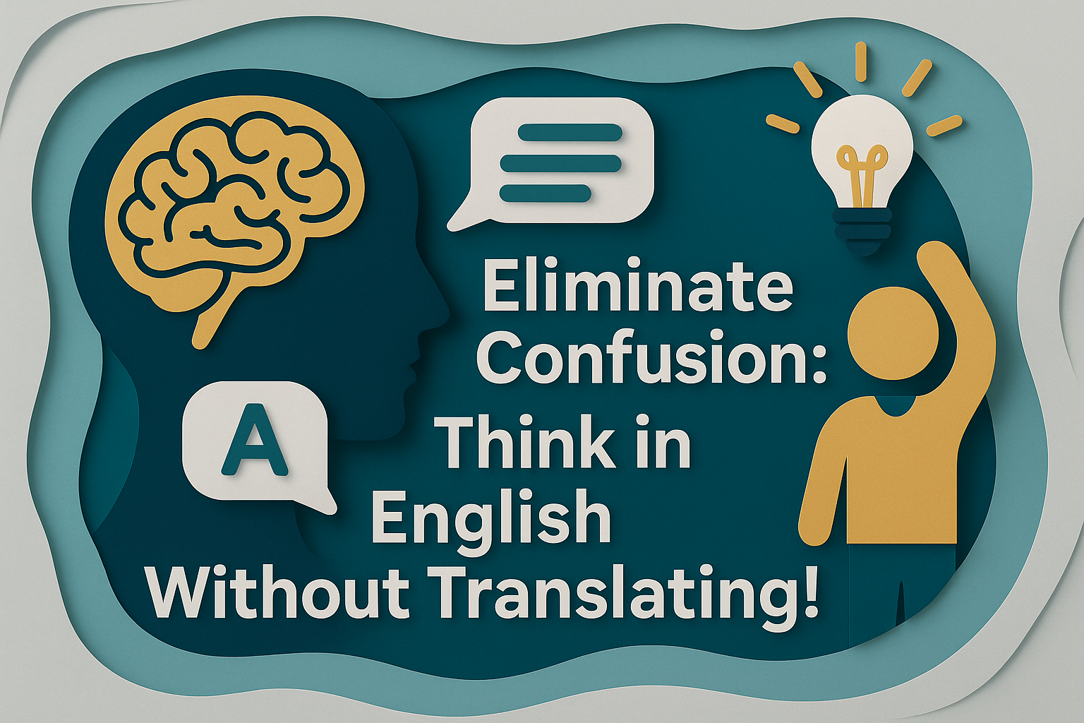 Wide banner in 3D paper cut art style with navy blue, soft gold, light gray, and teal colors, showing the title “Eliminate Confusion: Think in English Without Translating!” with icons of a brain, lightbulb, and speech bubbles.