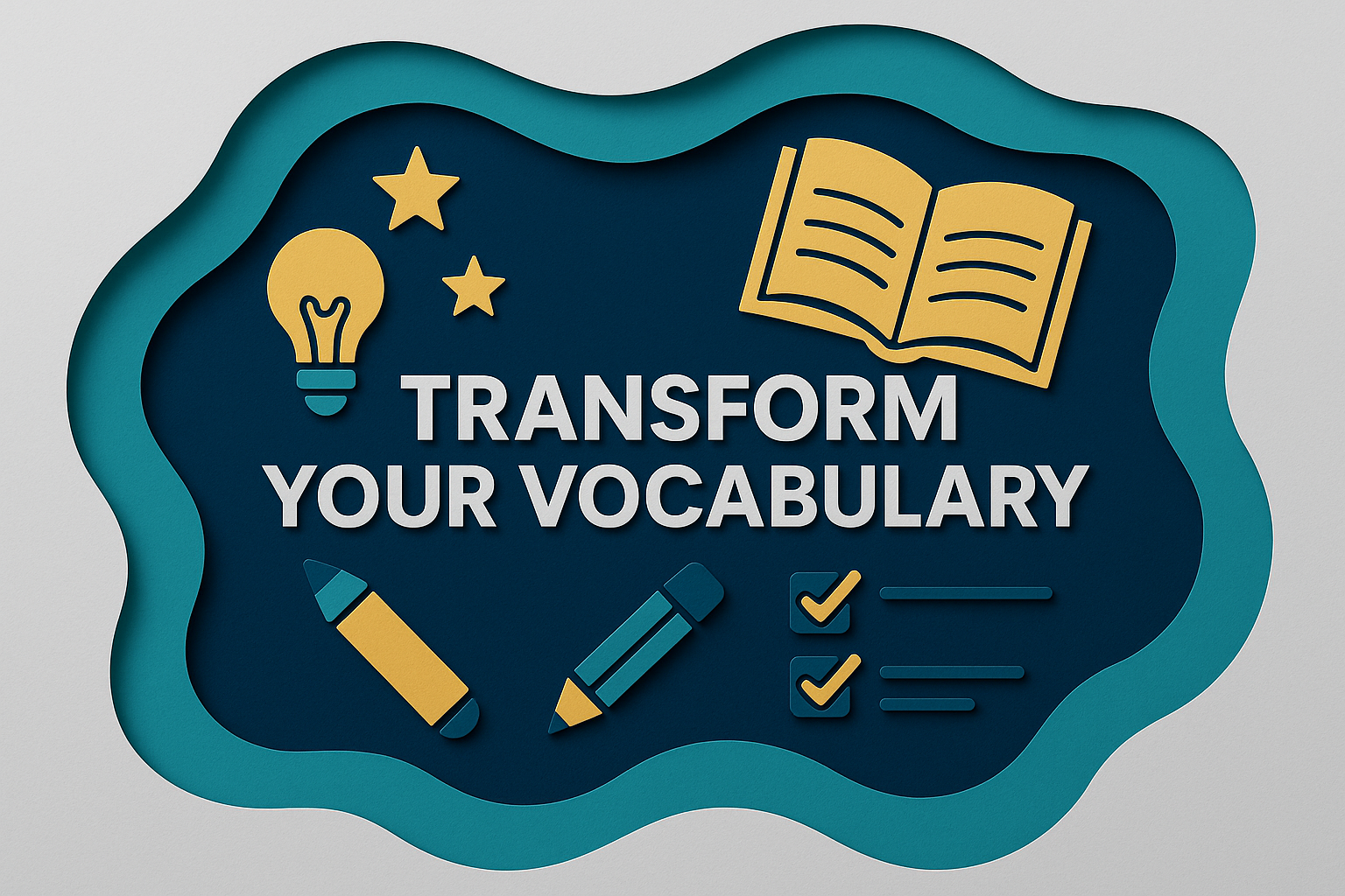 3D paper cut art banner with the phrase “Transform Your Vocabulary” in bold Roboto font, using navy blue, soft gold, light gray, and teal brand colors, symbolizing learning tools like a book, pencils, and checklist.