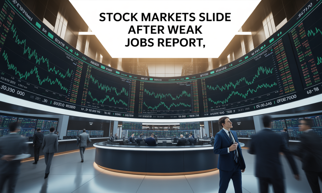 Banner image for “weak jobs report market reaction” showing stock tickers and financial charts in a professional business theme.