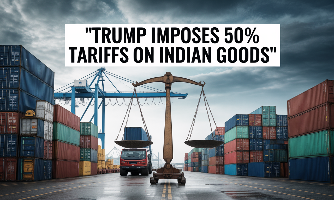 Banner image showing global trade containers with the title “Trump Imposes 50% Tariffs on Indian Goods.”
