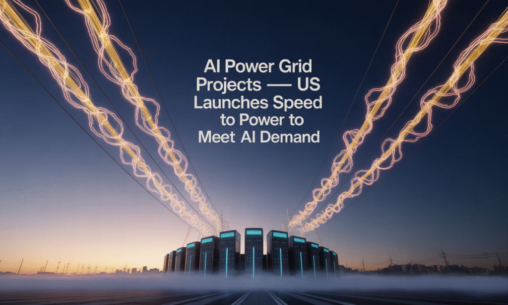Wide banner with power lines and data centers glowing, with the text “AI Power Grid Projects — US Launches Speed to Power to Meet AI Demand.”