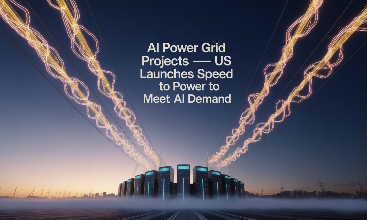 Wide banner with power lines and data centers glowing, with the text “AI Power Grid Projects — US Launches Speed to Power to Meet AI Demand.”