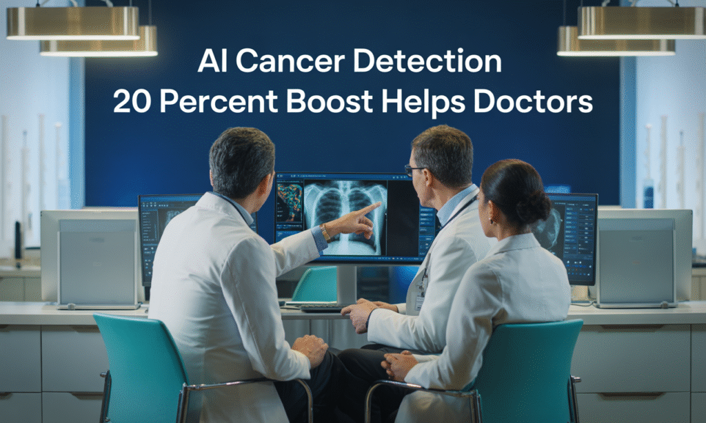 Wide banner image of AI cancer detection 20 percent boost with doctors using smart tools for accurate screenings.