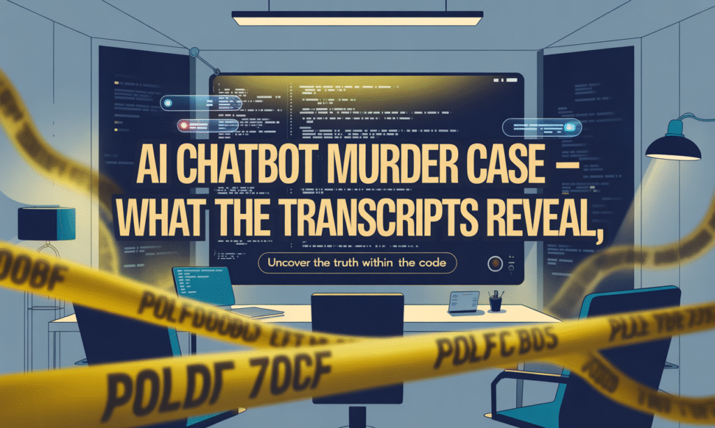 Wide banner showing AI chatbot screen with police tape overlay, symbolizing risks in the AI chatbot murder case transcripts.
