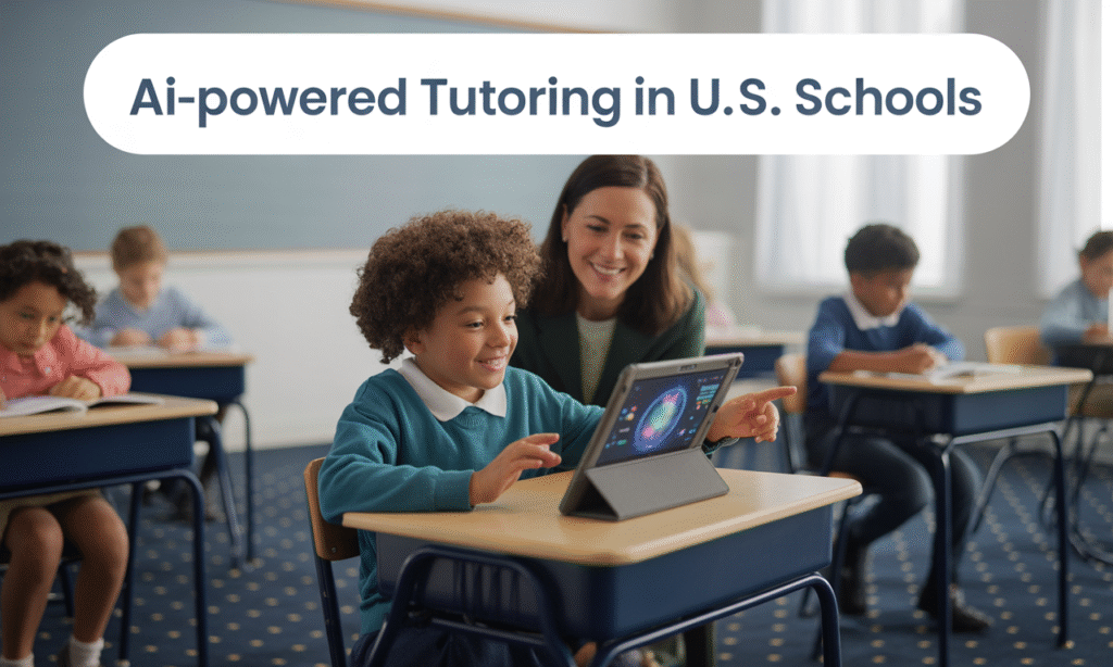 Wide banner showing AI-powered tutoring in U.S. schools with teacher and students, using navy blue, soft gold, light gray, and teal highlights.