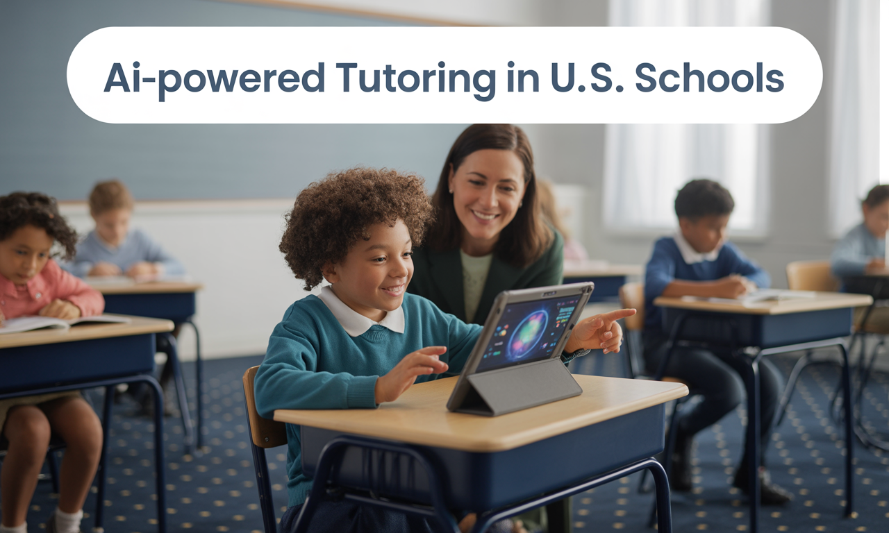Wide banner showing AI-powered tutoring in U.S. schools with teacher and students, using navy blue, soft gold, light gray, and teal highlights.