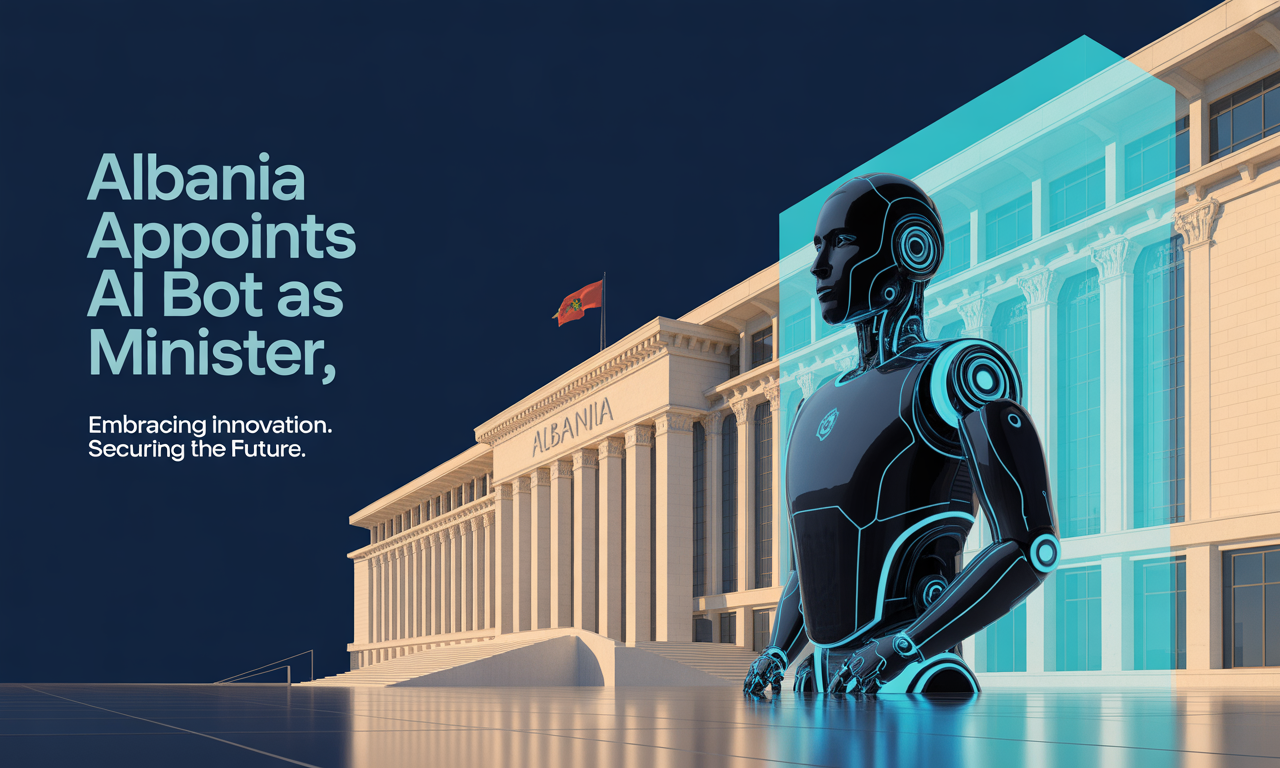 Banner image for article “Albania appoints AI bot as minister” showing AI figure and government building.