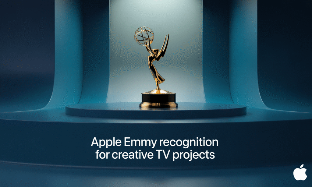 Wide banner showing Emmy trophy with Apple Emmy recognition title in business-themed style.