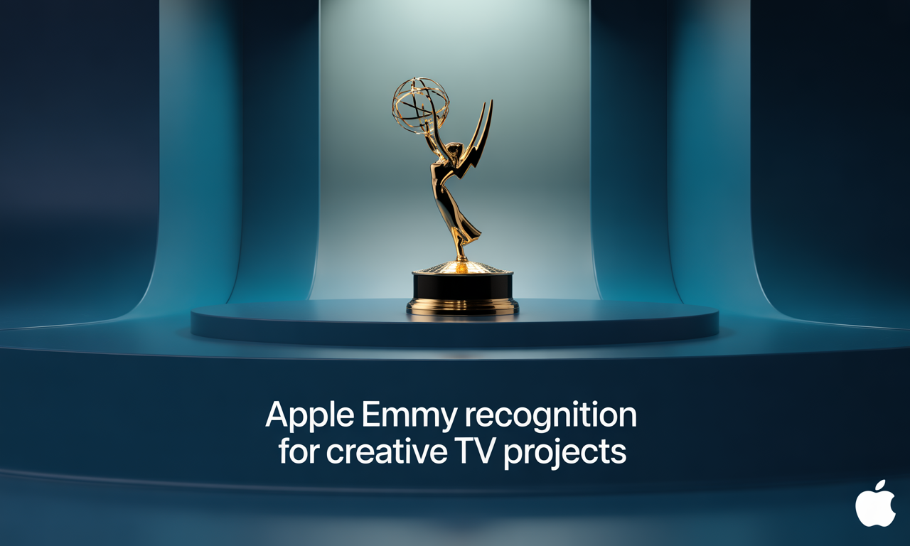 Wide banner showing Emmy trophy with Apple Emmy recognition title in business-themed style.