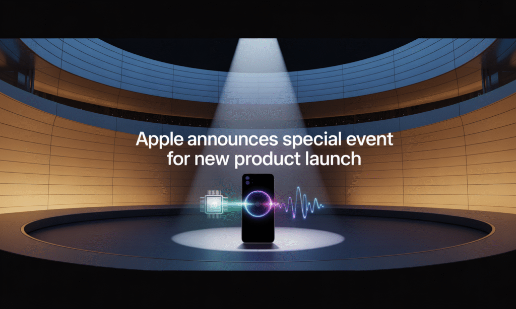 Banner image for article titled Apple Special Event, featuring symbolic iPhone launch visuals at a keynote stage.