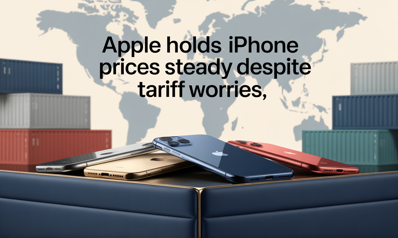 Banner image for article “Apple holds iPhone prices steady,” featuring iPhones in a sleek business theme with tariff worries in the background.