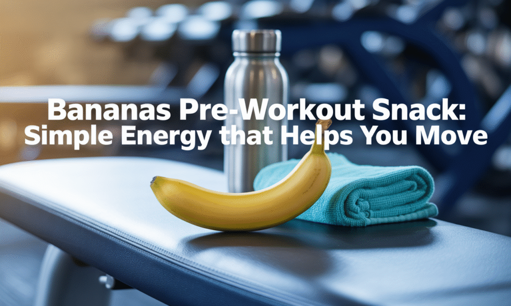 Banner image for bananas pre-workout snack article, showing banana with workout gear for energy boost.