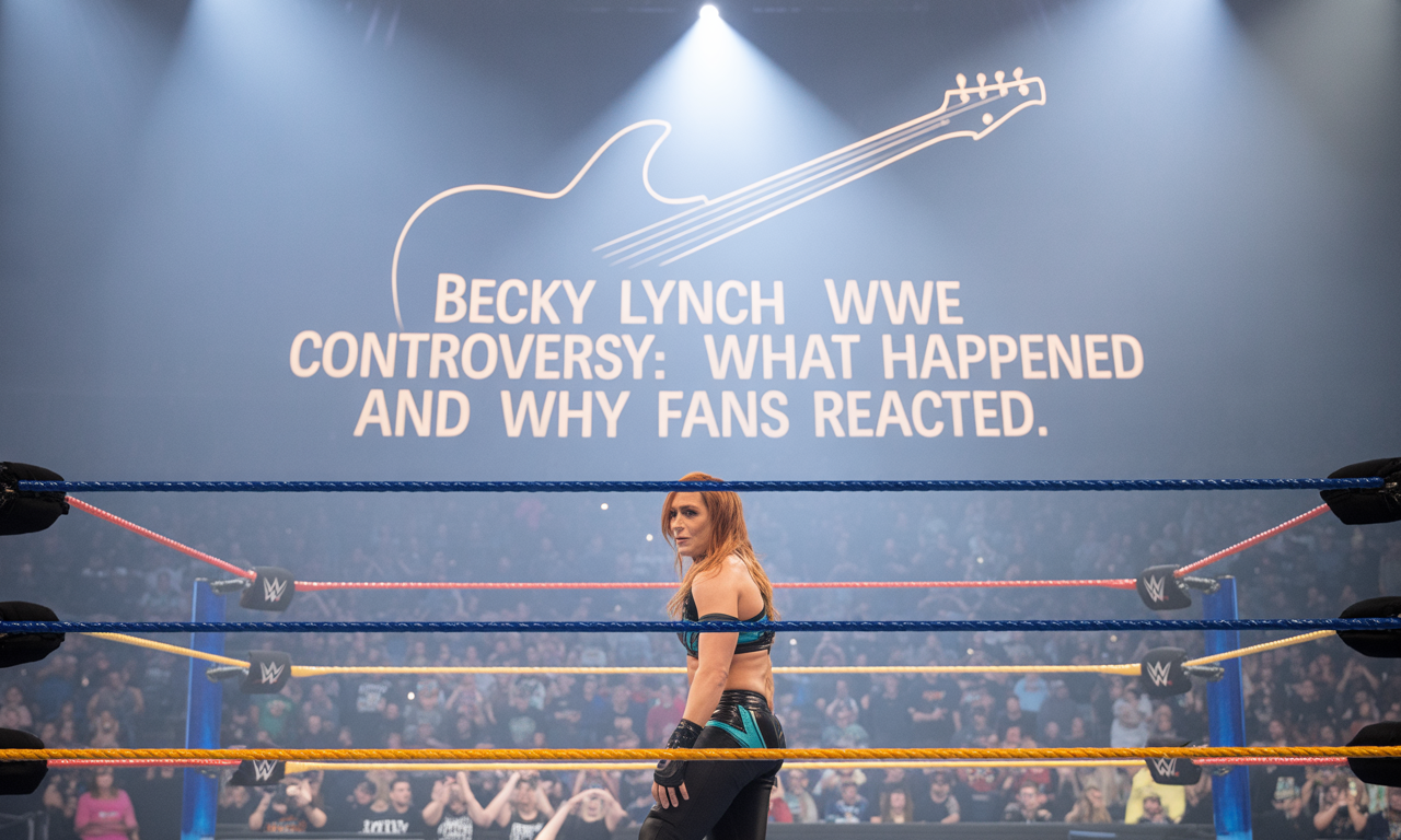 Banner image for Becky Lynch WWE controversy article, with wrestling ring spotlight and dramatic arena backdrop.