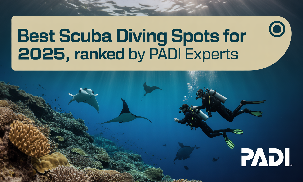 Wide banner showing divers exploring coral reefs with the title “Best Scuba Diving Spots for 2025, Ranked by PADI Experts.”