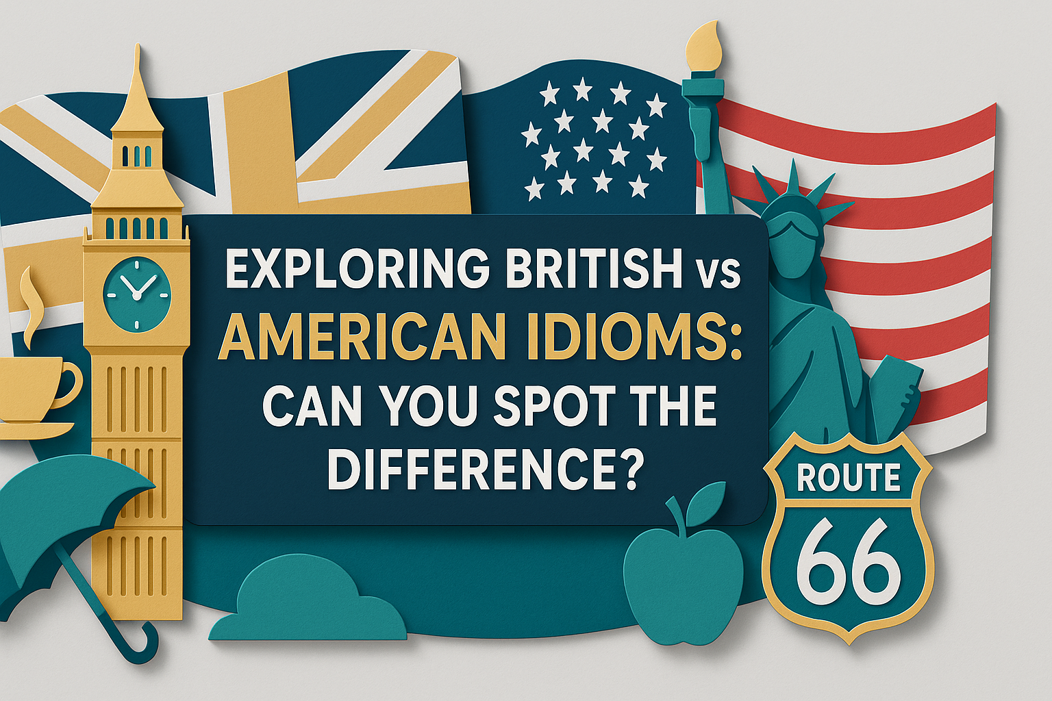 Wide 3D paper cut banner featuring British vs American idioms with UK and US symbols, including Big Ben, Statue of Liberty, umbrella, and Route 66.