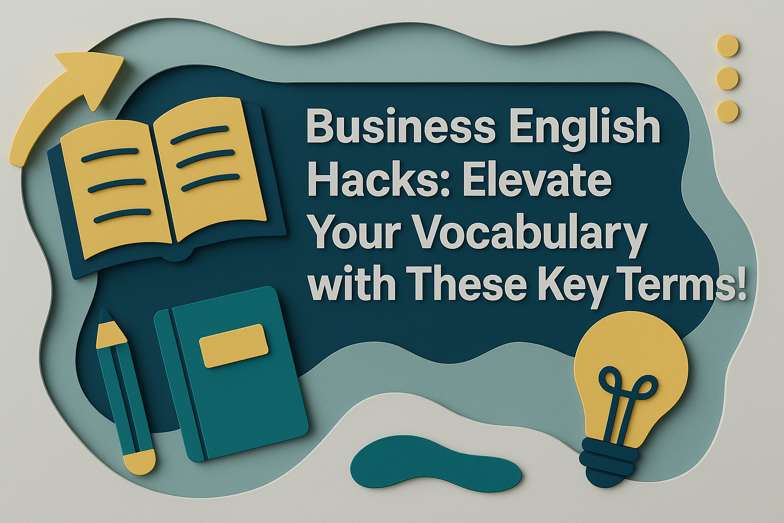 Wide 3D paper cut banner with the title “Business English Hacks: Elevate Your Vocabulary with These Key Terms!” in bold Roboto font, using navy, gold, teal, and light gray brand colors.