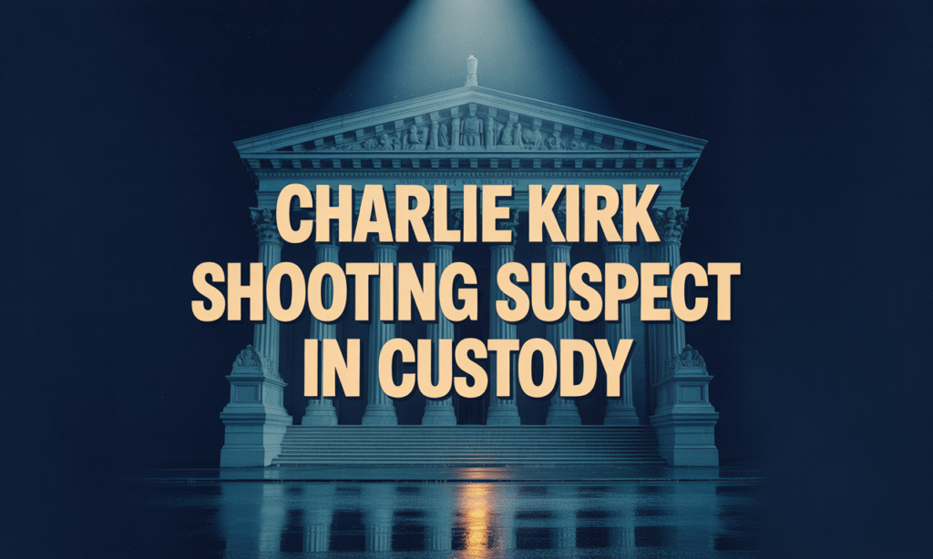 Wide banner image of courthouse facade representing justice system, with text Charlie Kirk shooting suspect in custody.