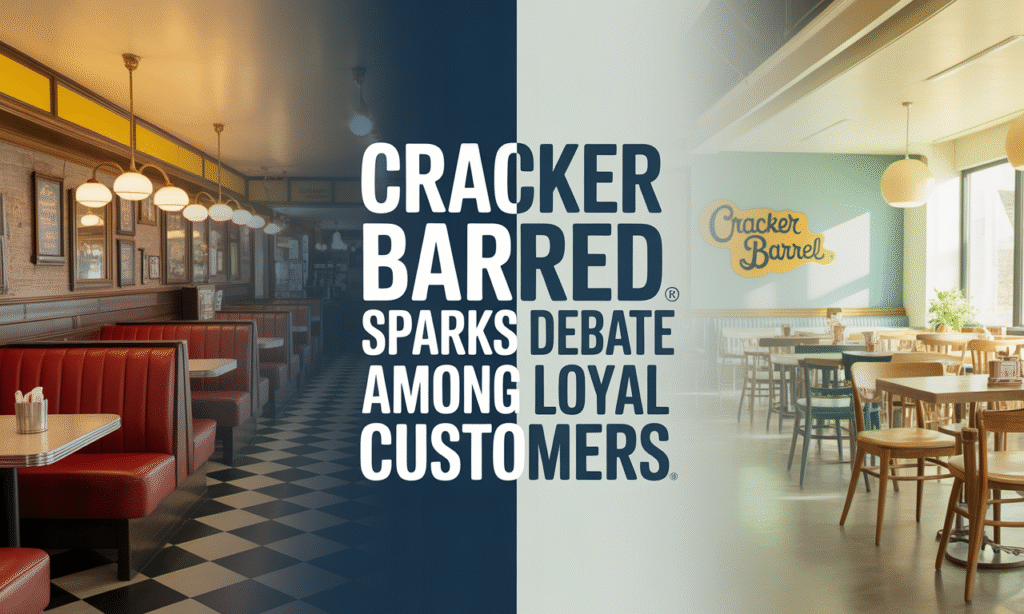 Wide banner showing Cracker Barrel rebrand concept with rustic and modern logo contrast in navy and gold.