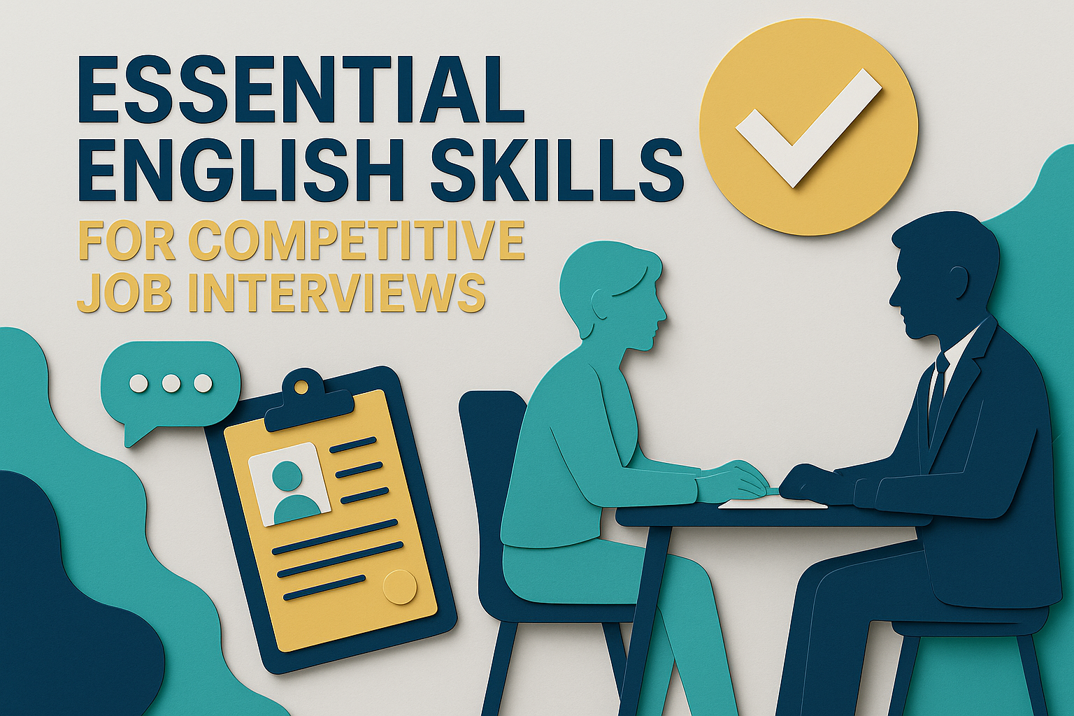 Wide banner image in 3D paper cut art style showing “Essential English Skills for Competitive Job Interviews” with navy blue, soft gold, teal, and light gray elements including silhouettes of an interviewer and candidate, a resume clipboard, and a speech bubble.