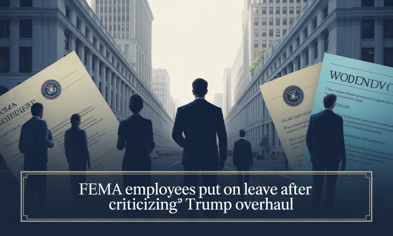 Wide banner image with business theme symbolizing FEMA employees put on leave, featuring official documents and government buildings.