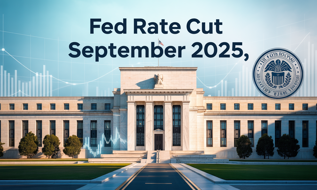 Wide business banner with U.S. Federal Reserve building and financial graphs, highlighting Fed rate cut September 2025.