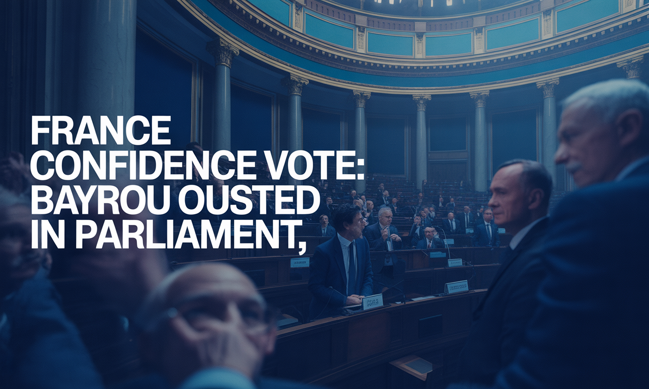 Wide banner of the French National Assembly with headline text “France Confidence Vote” highlighting Bayrou’s government collapse.