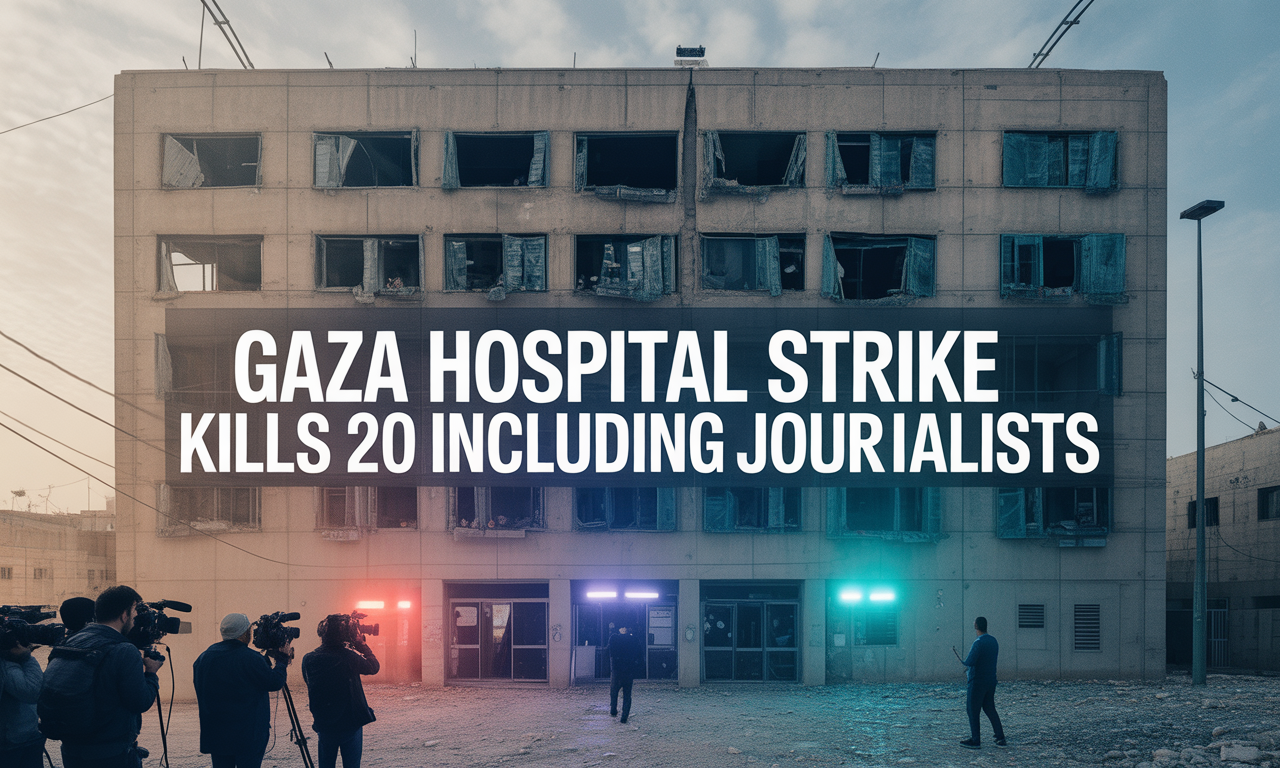 Banner image for article titled Gaza Hospital Strike, showing a symbolic hospital exterior with emergency and press themes.