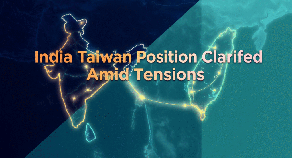 Wide banner image showing India Taiwan position clarified with map outlines and trade lines in brand navy, gold, teal, and gray colors.