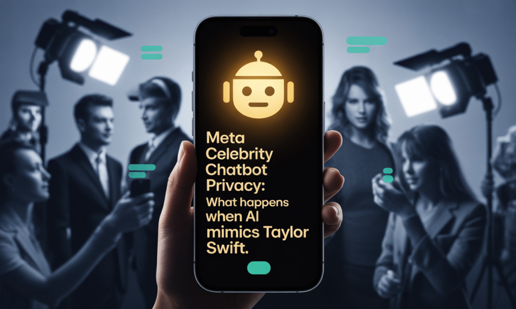 Wide banner image of Meta celebrity chatbot privacy issue with smartphone chatbot icon and blurred celebrity faces.