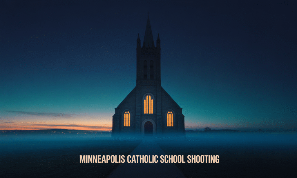 Wide banner image of a church silhouette with candlelight glow, symbolizing community mourning after the Minneapolis Catholic school shooting.