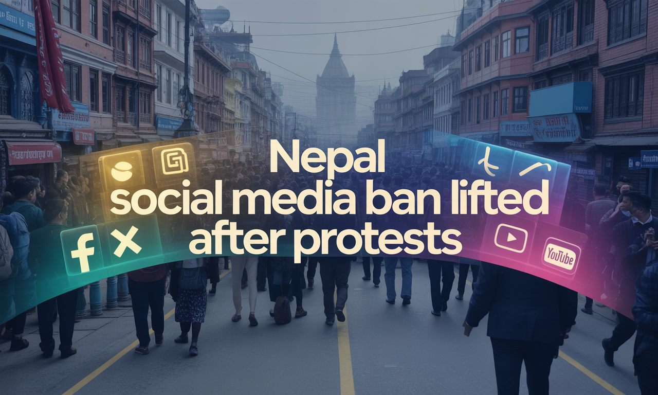 Wide banner of Nepal protests with glowing social media icons and government imagery, illustrating the Nepal social media ban lifted story.