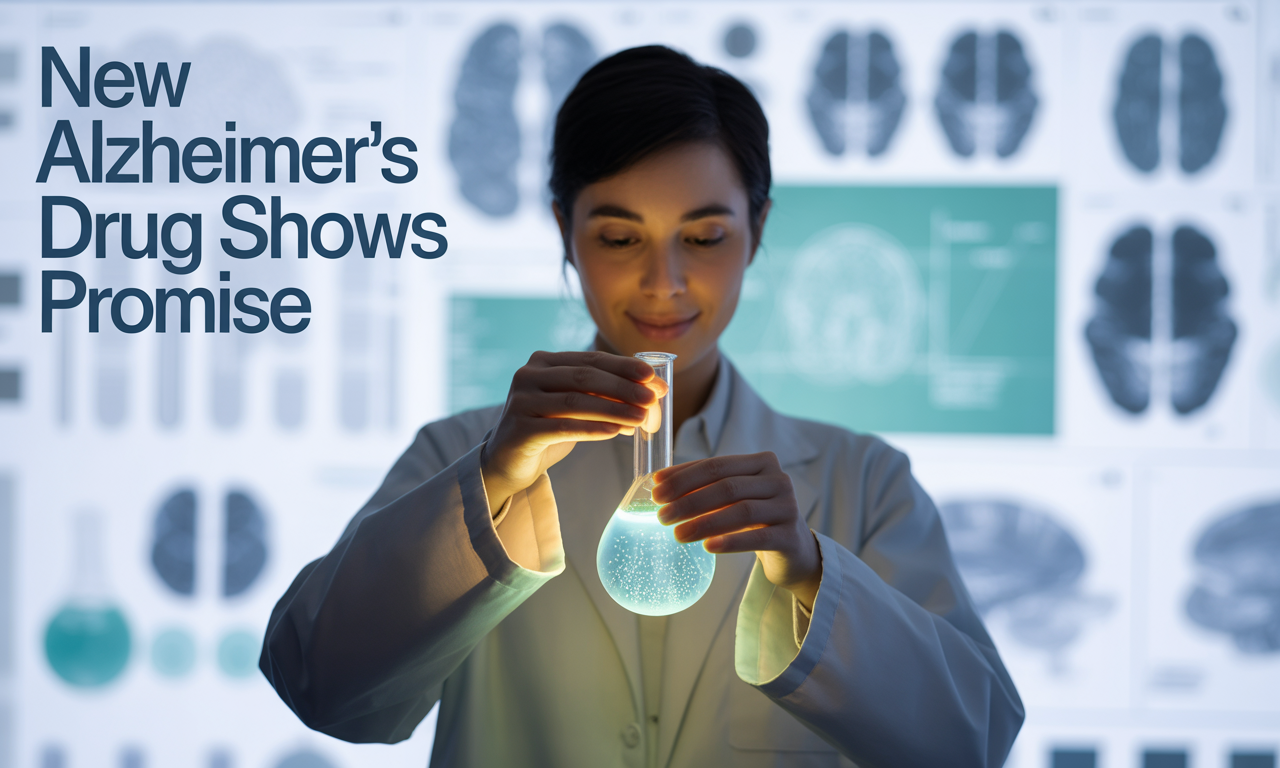 Banner image with lab researcher and brain scan visuals, title text “New Alzheimer’s Drug Shows Promise.”