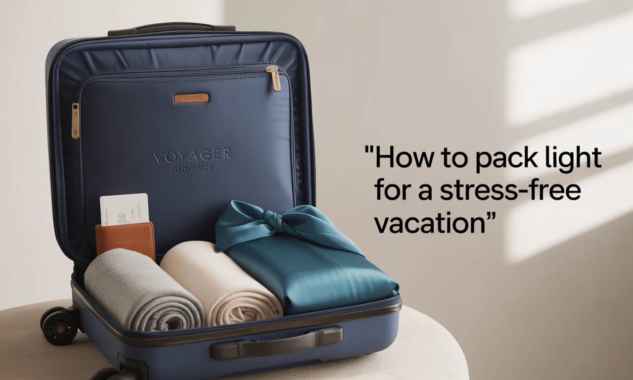 Banner showing a minimalist suitcase with clothes and passport, highlighting pack light for stress-free vacation tips.