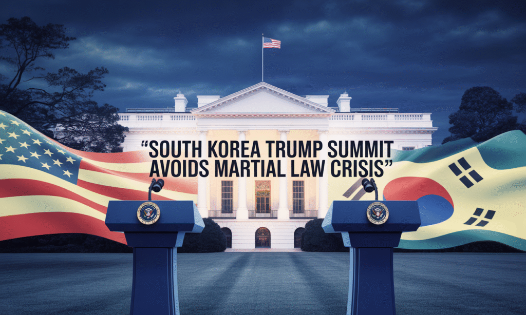 Wide banner showing South Korea Trump summit at the White House with U.S. and South Korean flags and podiums.