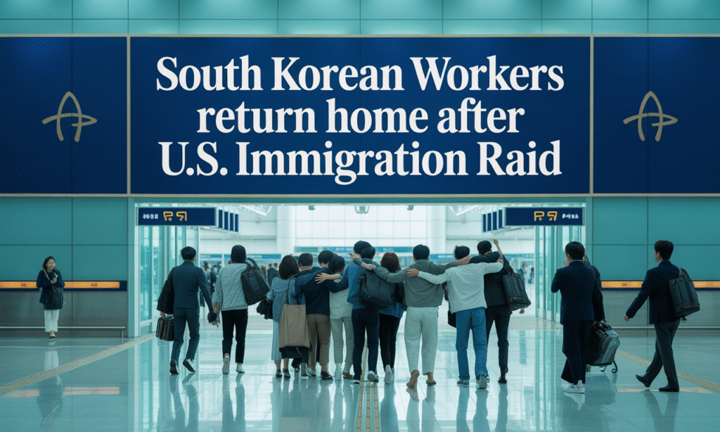Banner image for article “South Korean immigration raid,” showing returning workers greeted at an airport with professional business theme design.