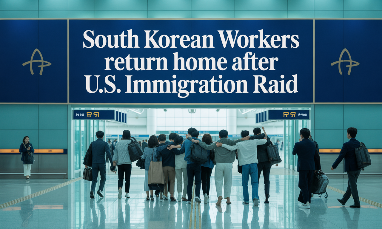 Banner image for article “South Korean immigration raid,” showing returning workers greeted at an airport with professional business theme design.