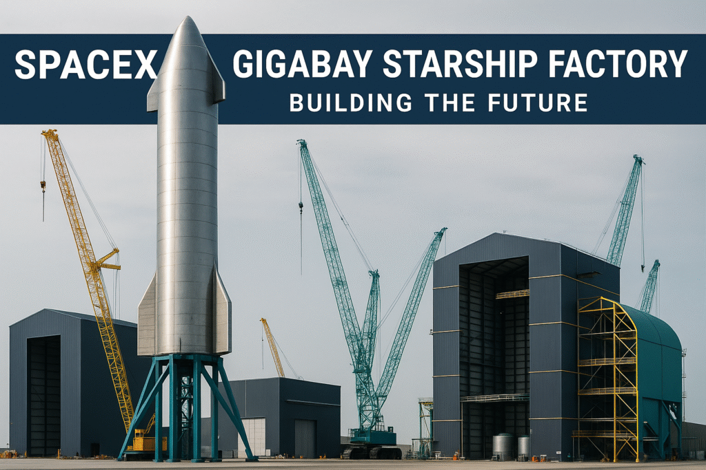 Wide banner image of SpaceX Gigabay Starship factory with modern rocket assembly buildings in brand colors.