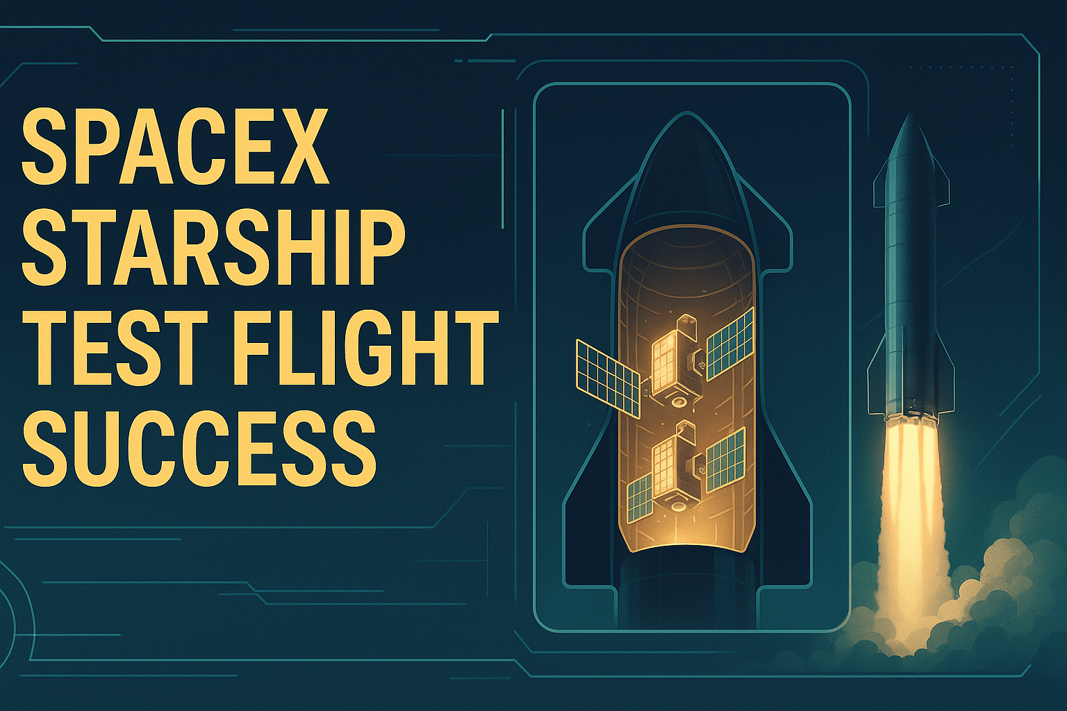 Wide banner image showing SpaceX Starship test flight success, with rocket launch and satellite deployment in branded colors.