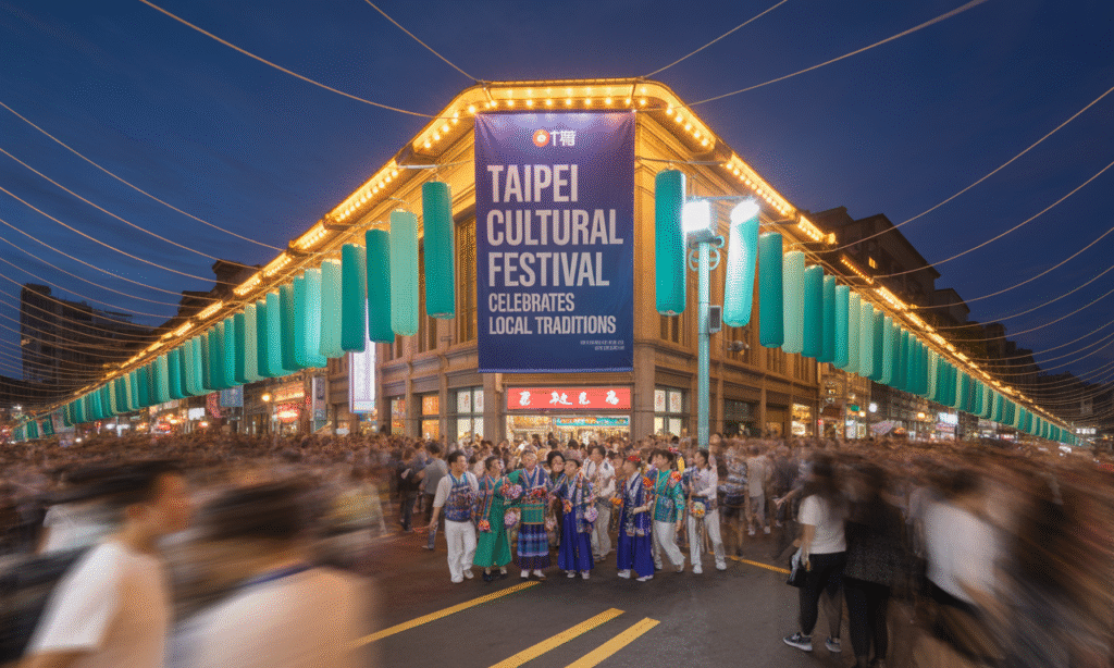 Wide banner image of Taipei cultural festival with music, art, and local traditions in the city.