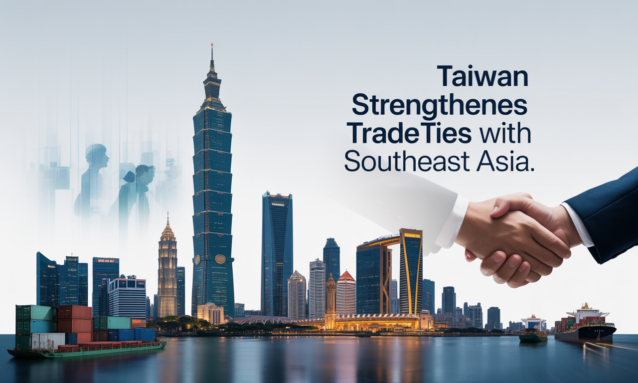 Wide banner image showing Taiwan and Southeast Asia trade connections with business skylines, ships, and handshake, highlighting Taiwan strengthens trade ties with Southeast Asia.