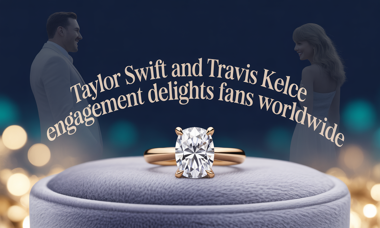 Wide banner showing Taylor Swift Travis Kelce engagement ring theme with navy and gold brand colors.