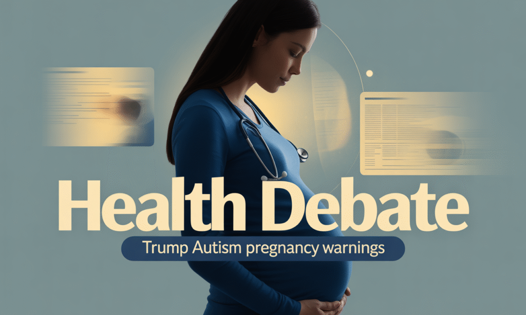 Wide banner with a pregnant woman silhouette and medical symbols, representing Trump autism pregnancy warnings and health debate.