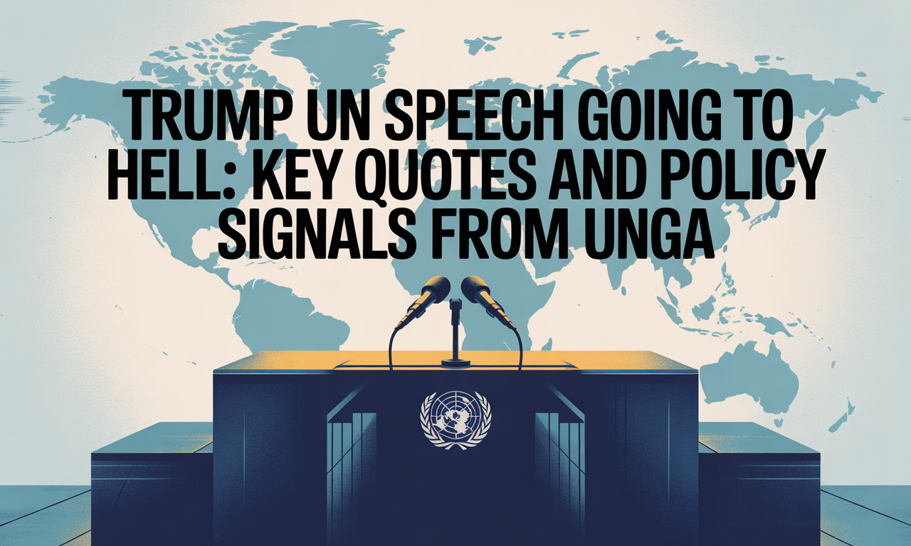 Wide banner with UN headquarters and world map backdrop featuring the text “Trump UN Speech Going to Hell: Key Quotes and Policy Signals from UNGA.”