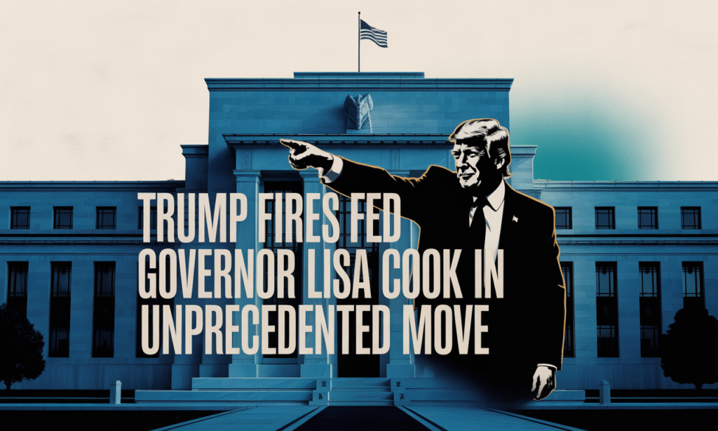 Wide banner image of Trump fires Fed Governor Lisa Cook with Federal Reserve building and bold text in brand colors navy, gold, gray, and teal.