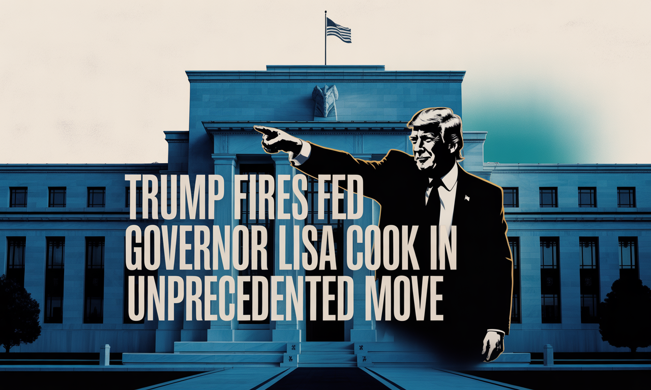 Wide banner image of Trump fires Fed Governor Lisa Cook with Federal Reserve building and bold text in brand colors navy, gold, gray, and teal.